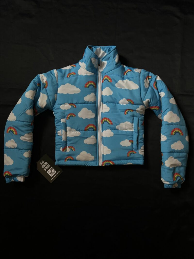 Rainbow In Clouds Print Cropped Puffer Jacket - Image 4