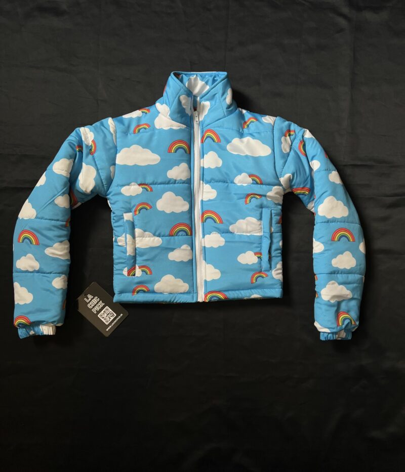 Rainbow In Clouds Print Cropped Puffer Jacket - Image 5