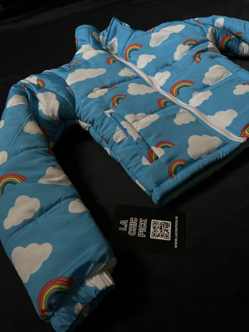 Rainbow In Clouds Print Cropped Puffer Jacket - Image 2