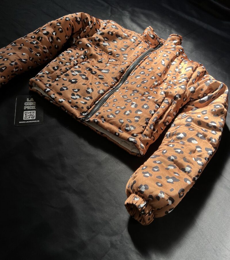 Leopard Print High Neck Cropped Puffer Jacket - Image 3