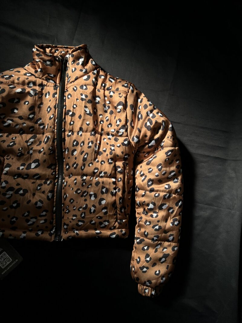 Leopard Print High Neck Cropped Puffer Jacket - Image 2