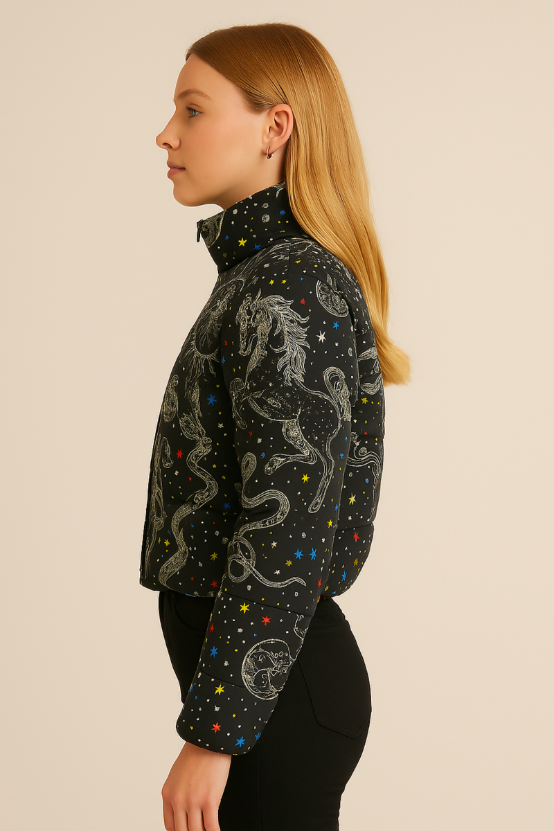 Black Star Moon Print High Neck Puffer Jacket - Image 2