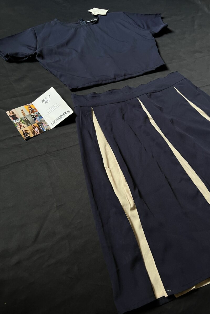 Anni Crop Top & Pleated Skirt Coord Set in Navy - Image 3