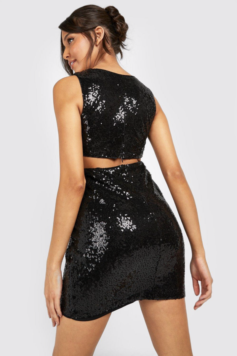 Joane Black Sequin Plunge Neck Mini Dress - Image 2