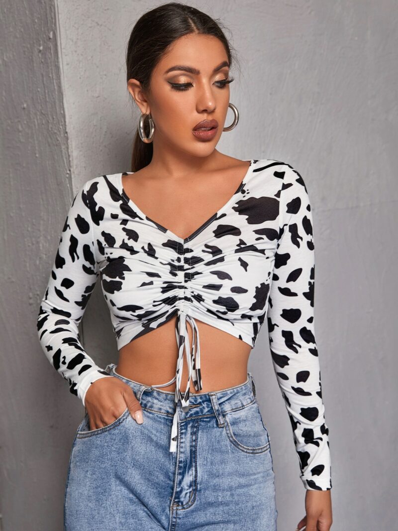 Riley Cow Print Ruched Crop Top - Image 3