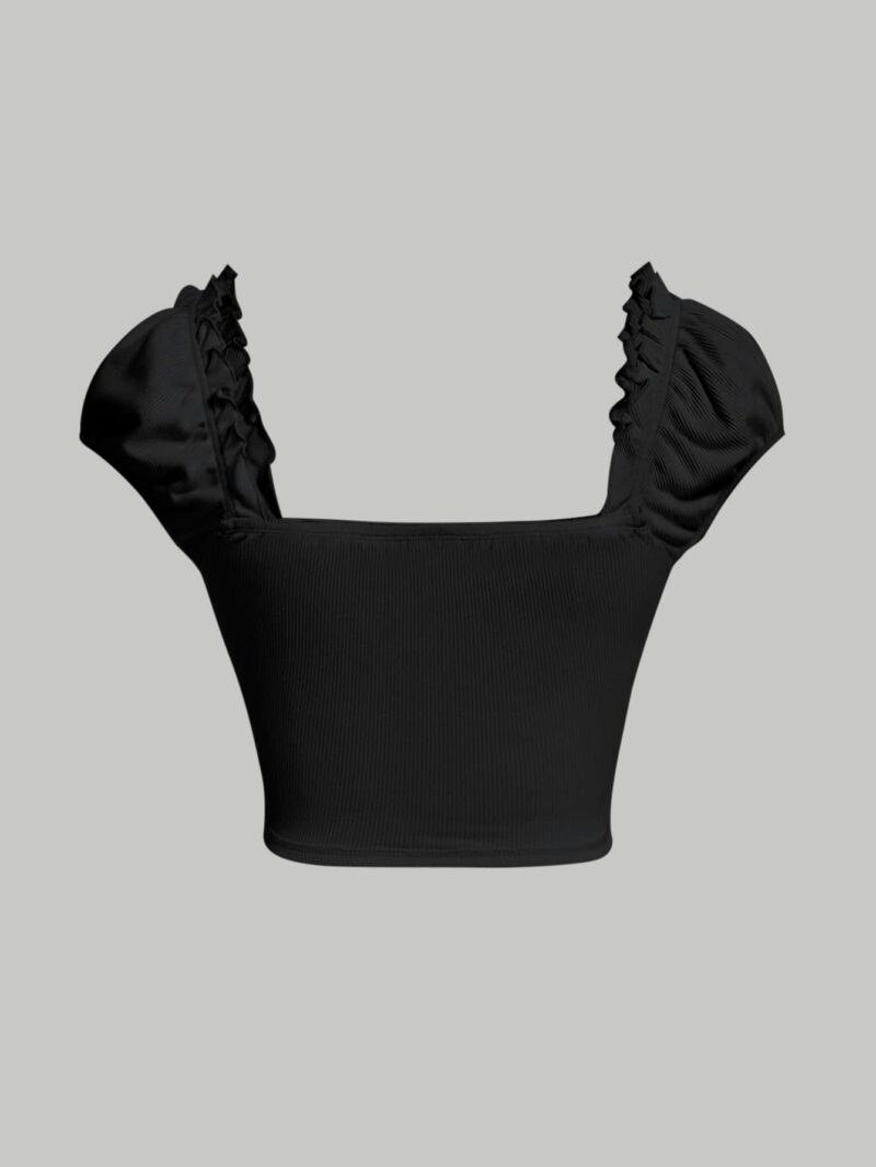 Allie Black Side Ruched Laced Puff Sleeves Crop Top - Image 2