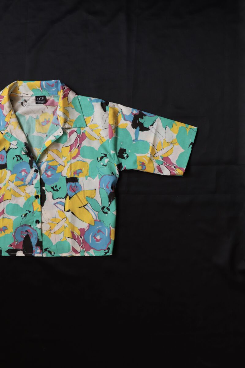 Maria Blue Graffiti Floral Print Crop Shirt Top - Image 2