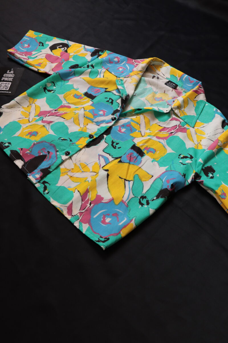 Maria Blue Graffiti Floral Print Crop Shirt Top - Image 4