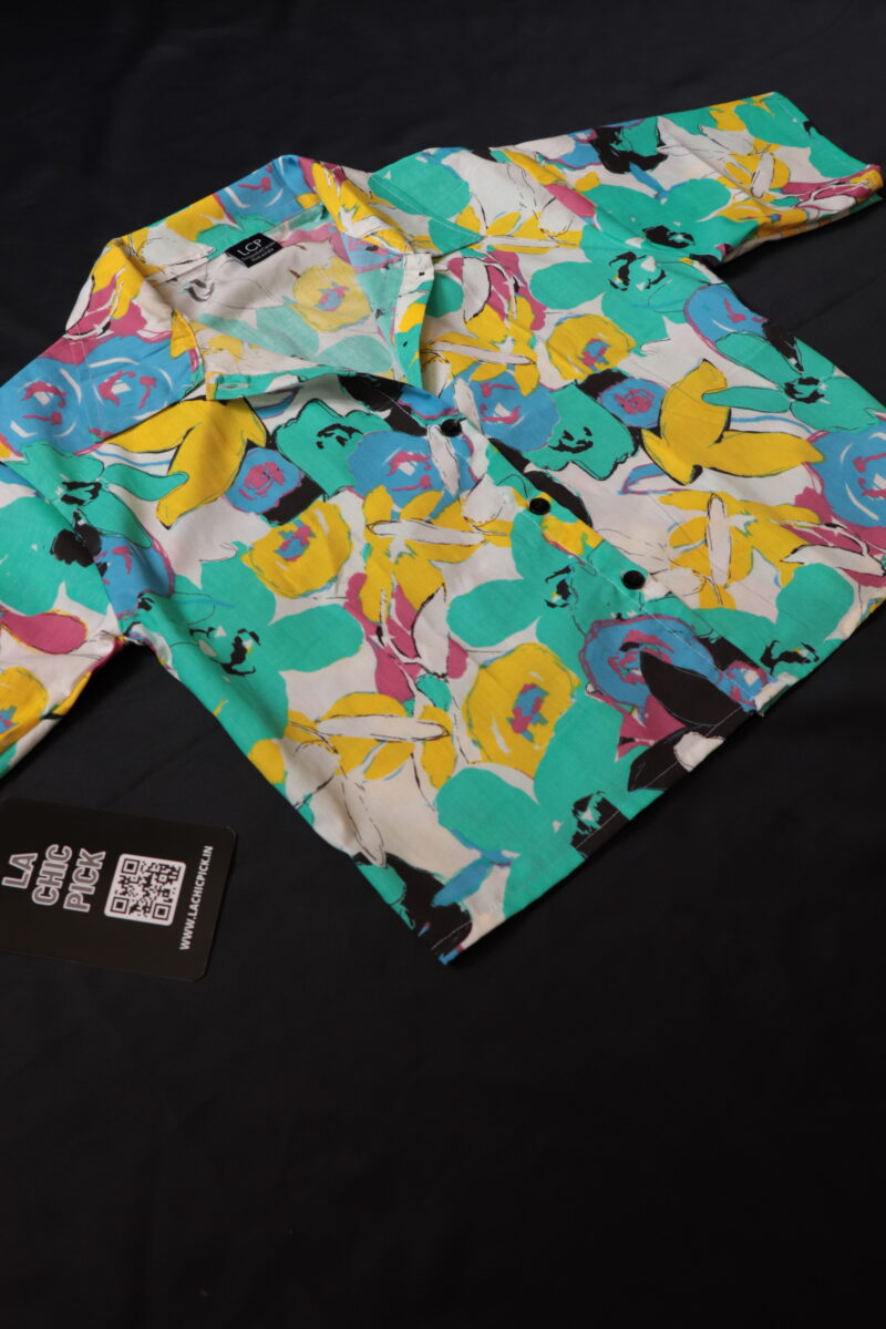 Maria Blue Graffiti Floral Print Crop Shirt Top - Image 3