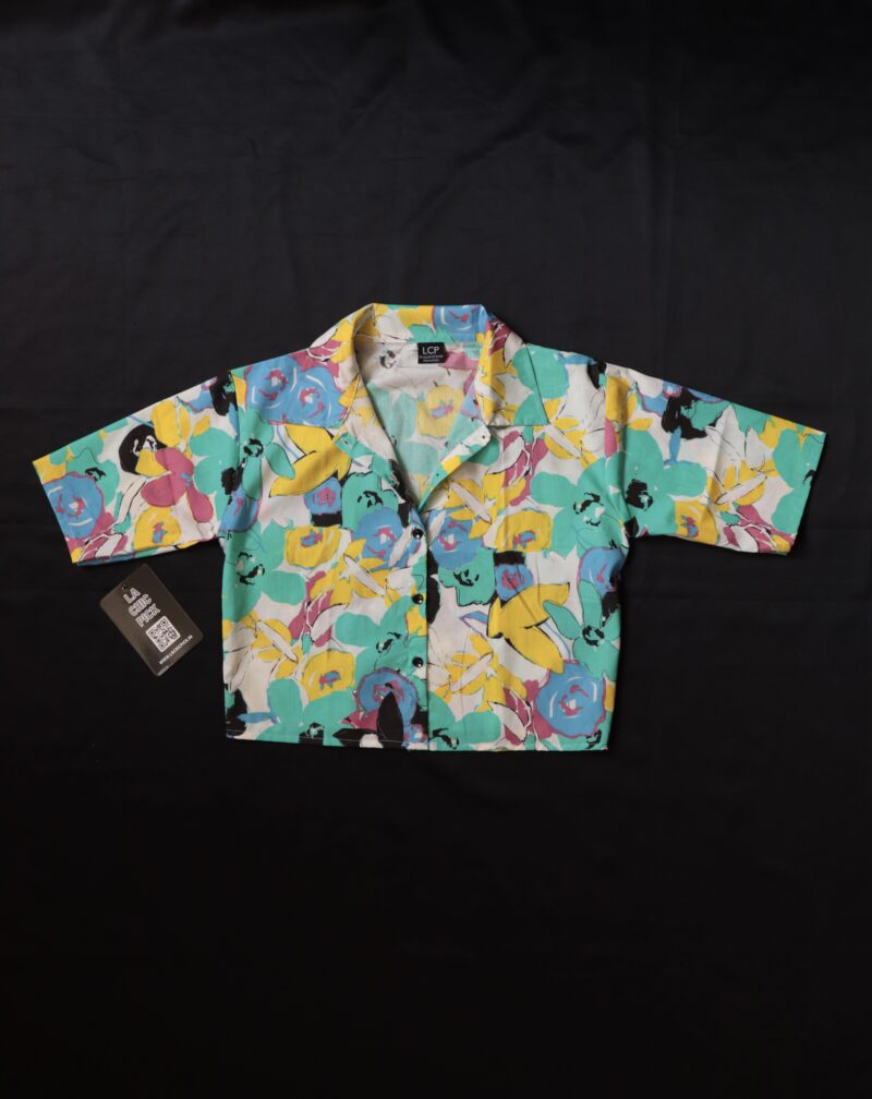Maria Blue Graffiti Floral Print Crop Shirt Top - Image 5