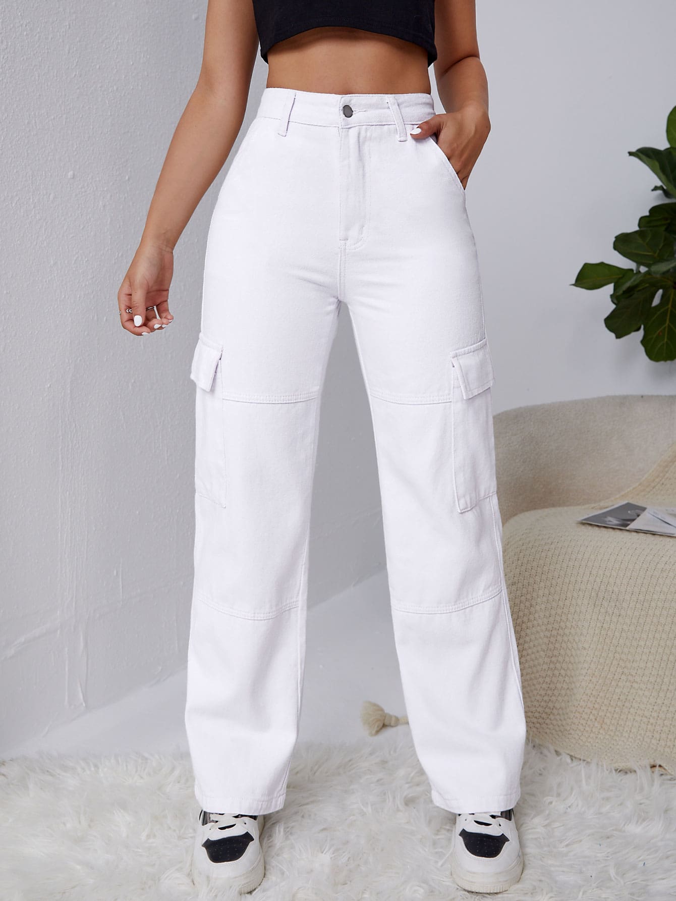 90s Baggy High Cargo Jeans  White  Ladies  HM IN