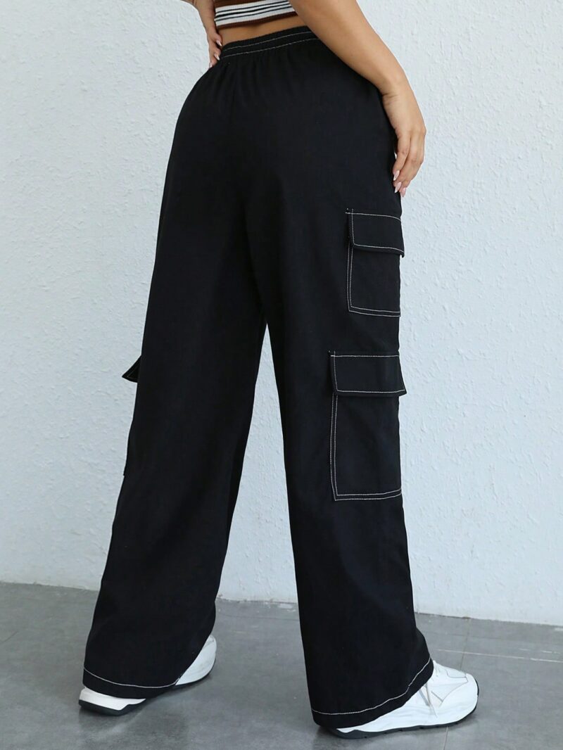 Lizzy Black Contrast Stitch Oversized Cargo Pants - Image 2