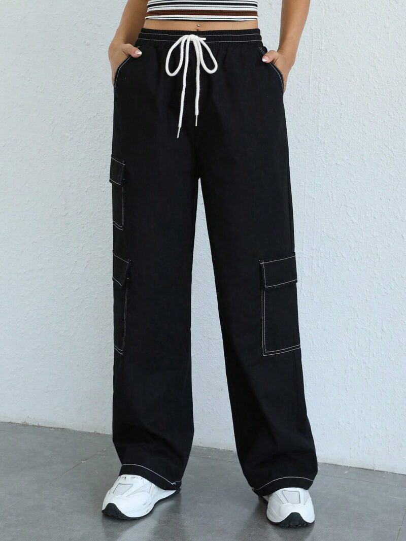 Lizzy Black Contrast Stitch Oversized Cargo Pants - Image 3