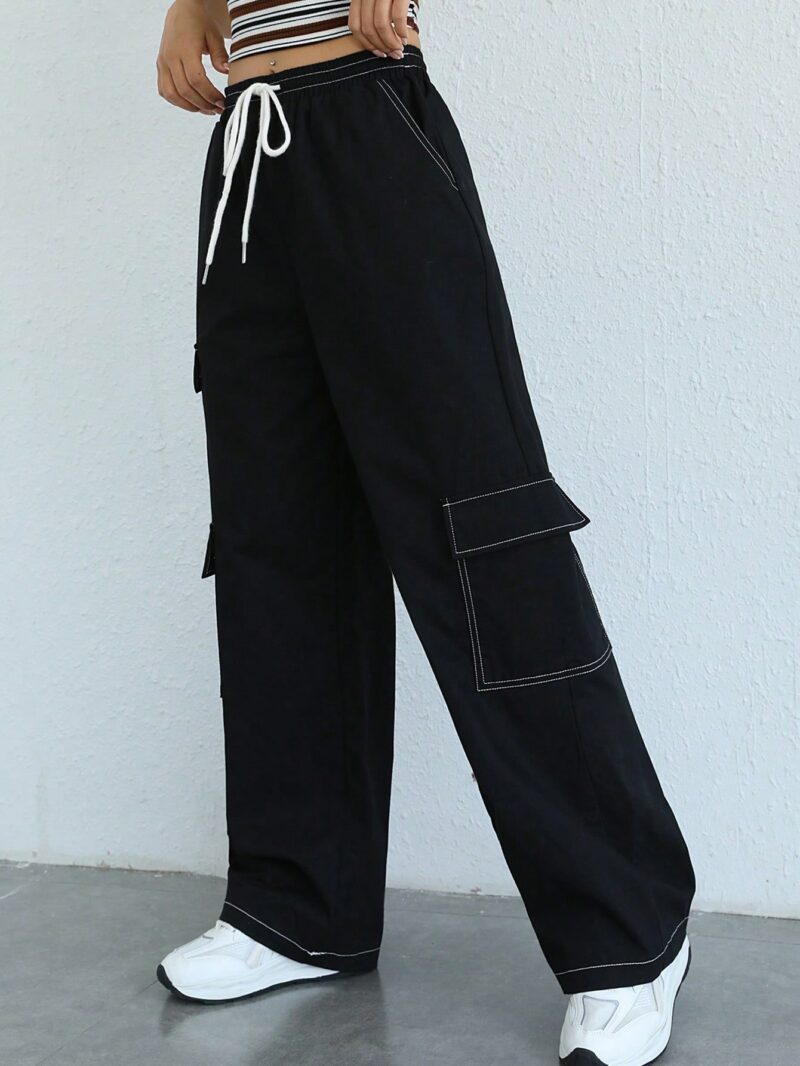 Lizzy Black Contrast Stitch Oversized Cargo Pants - Image 4