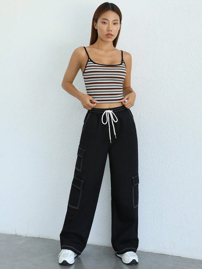 Lizzy Black Contrast Stitch Oversized Cargo Pants - Image 5