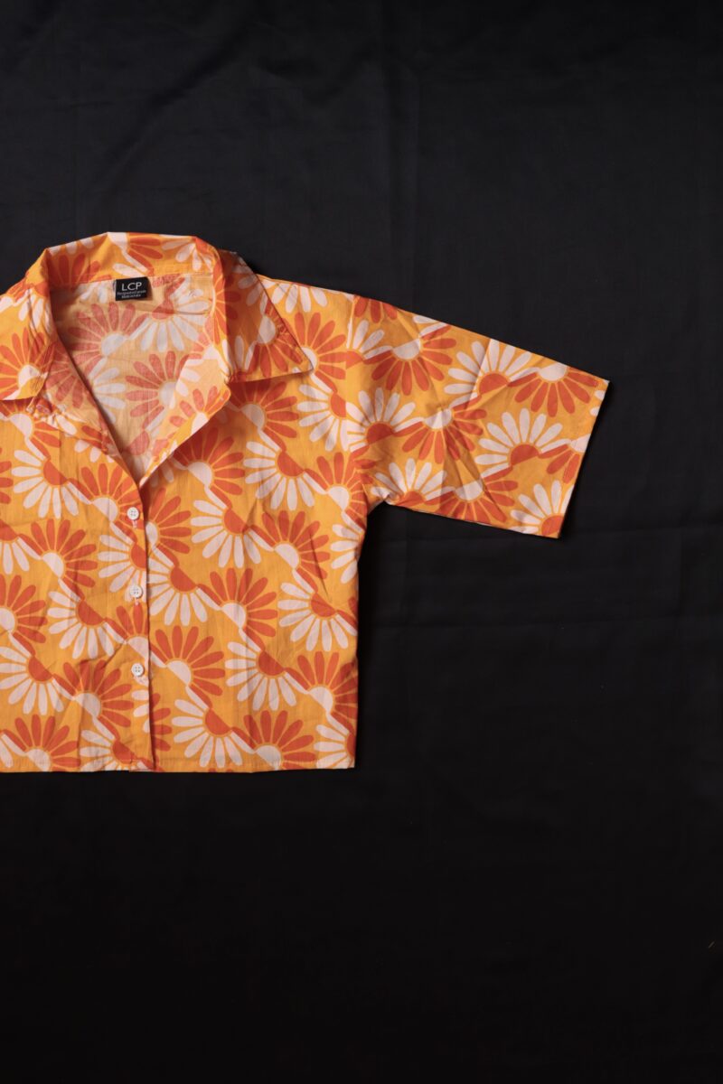 Aria Orange Floral Print Cotton Crop Shirt Top - Image 2