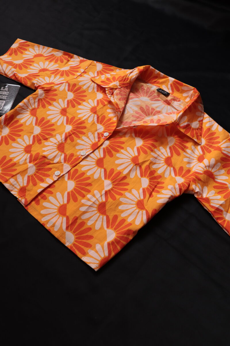 Aria Orange Floral Print Cotton Crop Shirt Top - Image 3