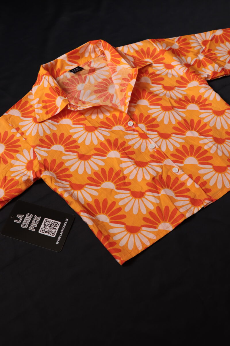 Aria Orange Floral Print Cotton Crop Shirt Top - Image 4