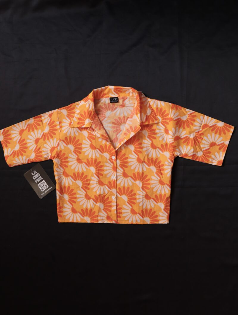 Aria Orange Floral Print Cotton Crop Shirt Top - Image 5