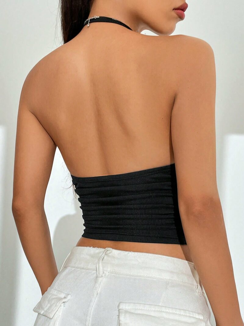 Casie Black Backless Halter Neck Crop Top - Image 2