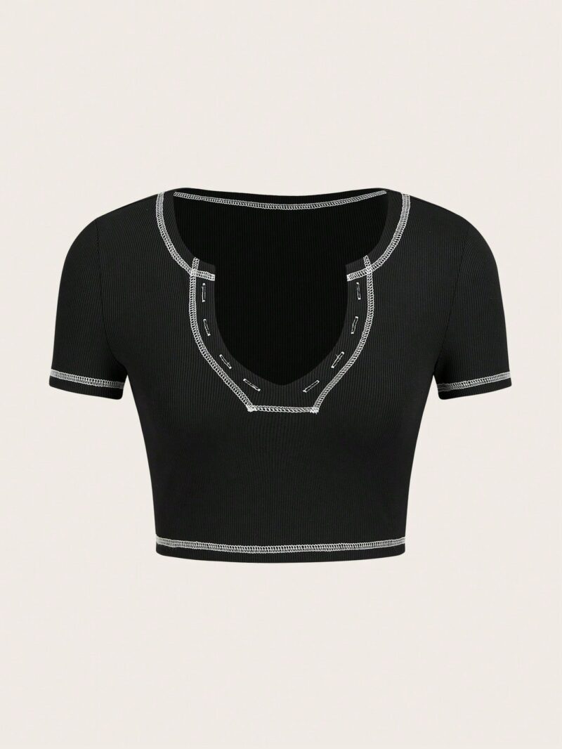 Naomi Black Contrast Stitch Open Neck Crop Top