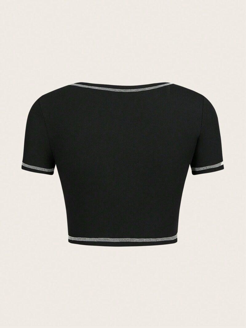 Naomi Black Contrast Stitch Open Neck Crop Top - Image 3