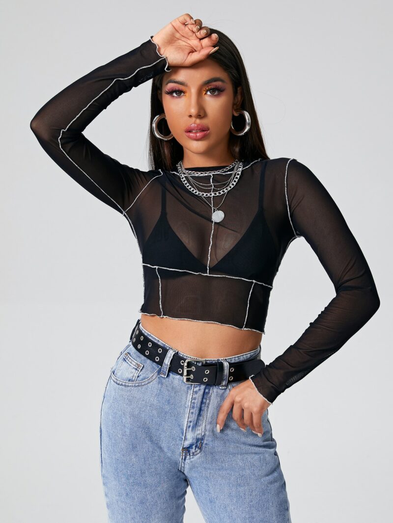 Alison Black Mesh Contrast Stitch Crop Top Without Bra