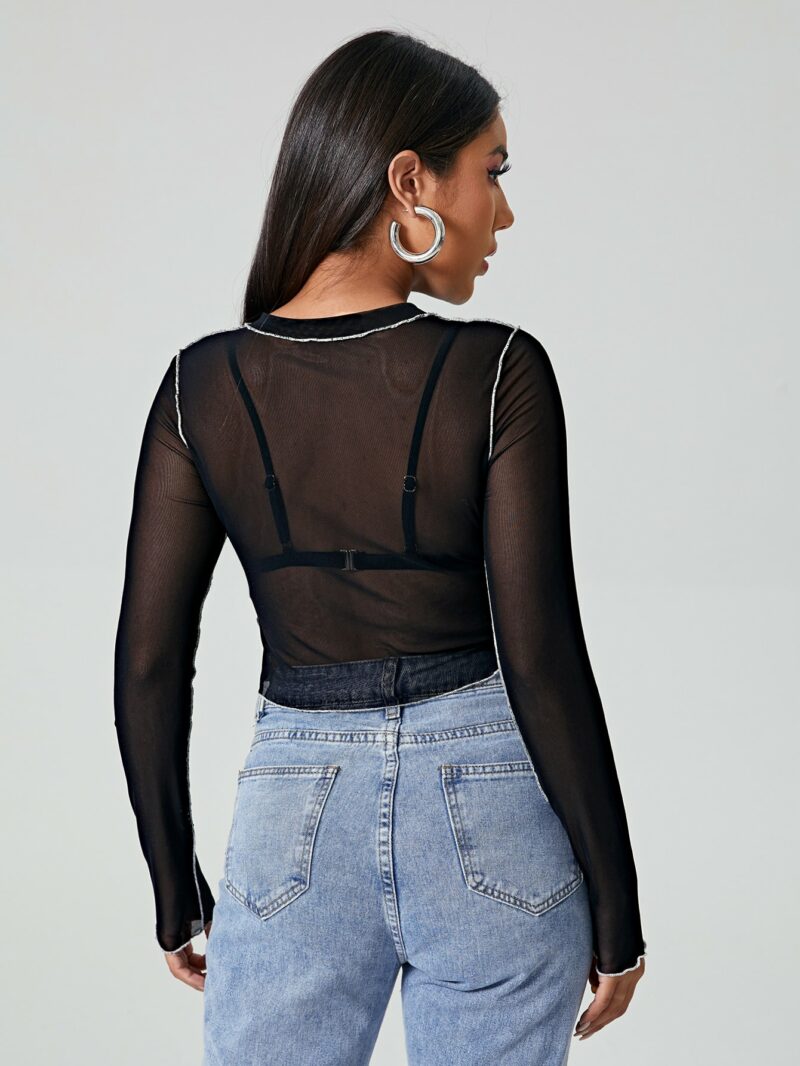 Alison Black Mesh Contrast Stitch Crop Top Without Bra - Image 2