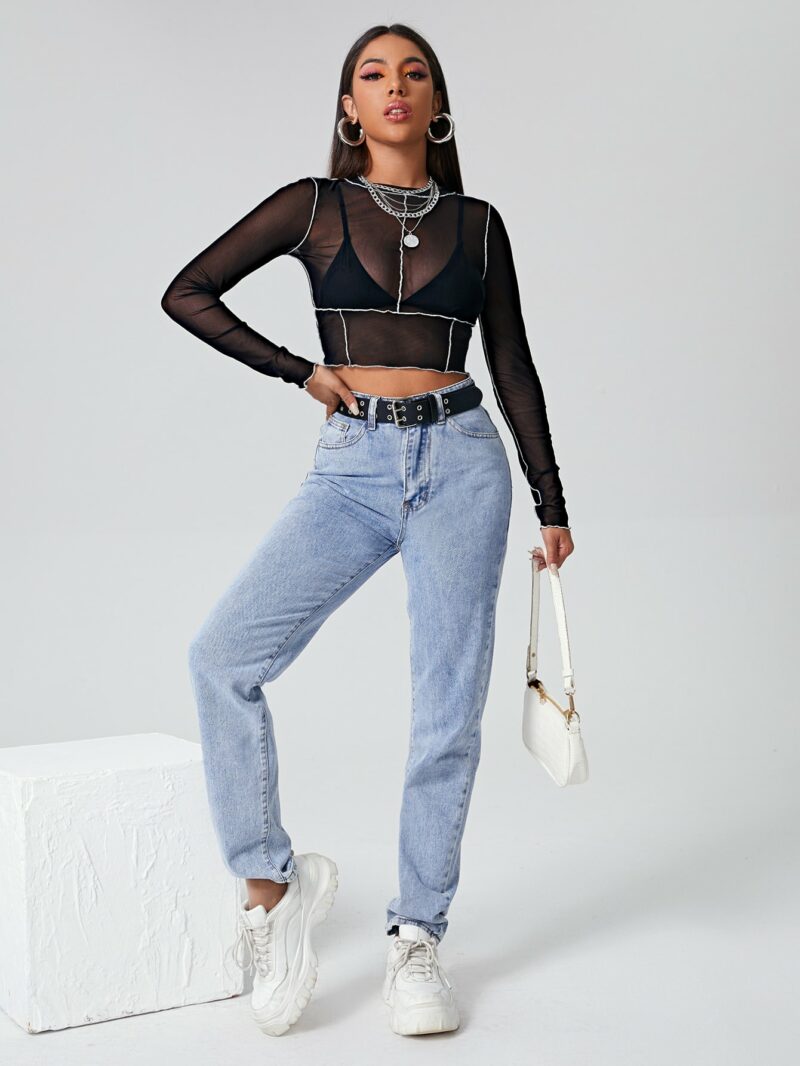 Alison Black Mesh Contrast Stitch Crop Top Without Bra - Image 4