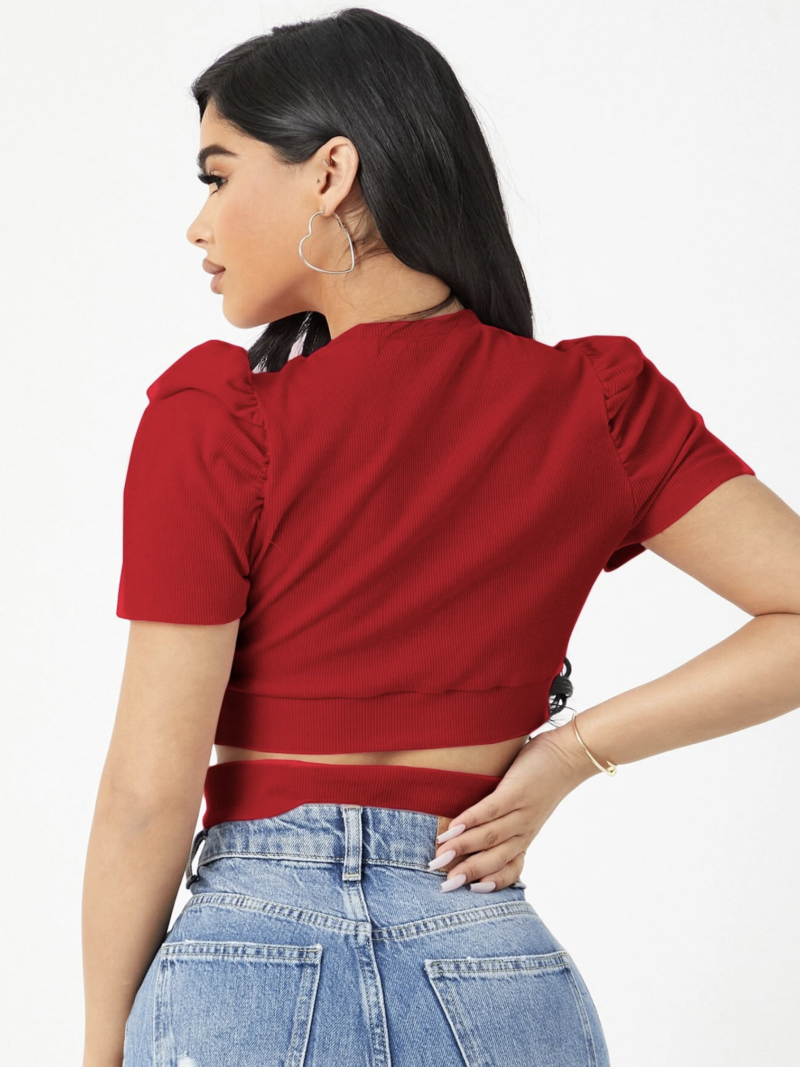 Diane Red Strappy Puff Sleeves Crop Top - Image 2