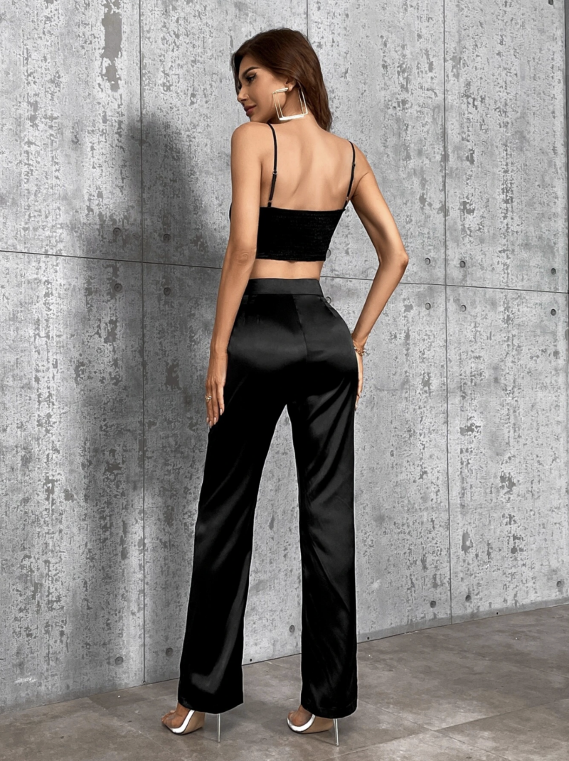 Ana Black Satin Cami Bralette & Trousers Coord Set - Image 2