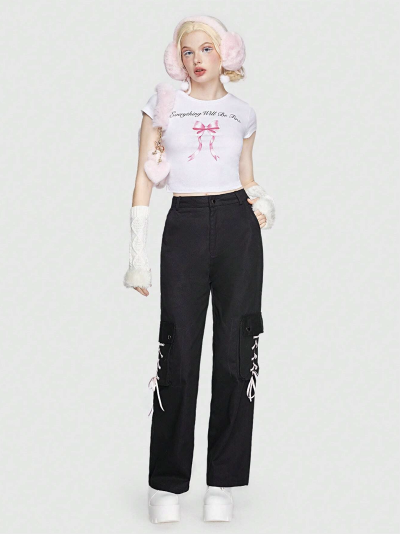 Black White Tie Pocket Oversized Cargo Pants - Image 2