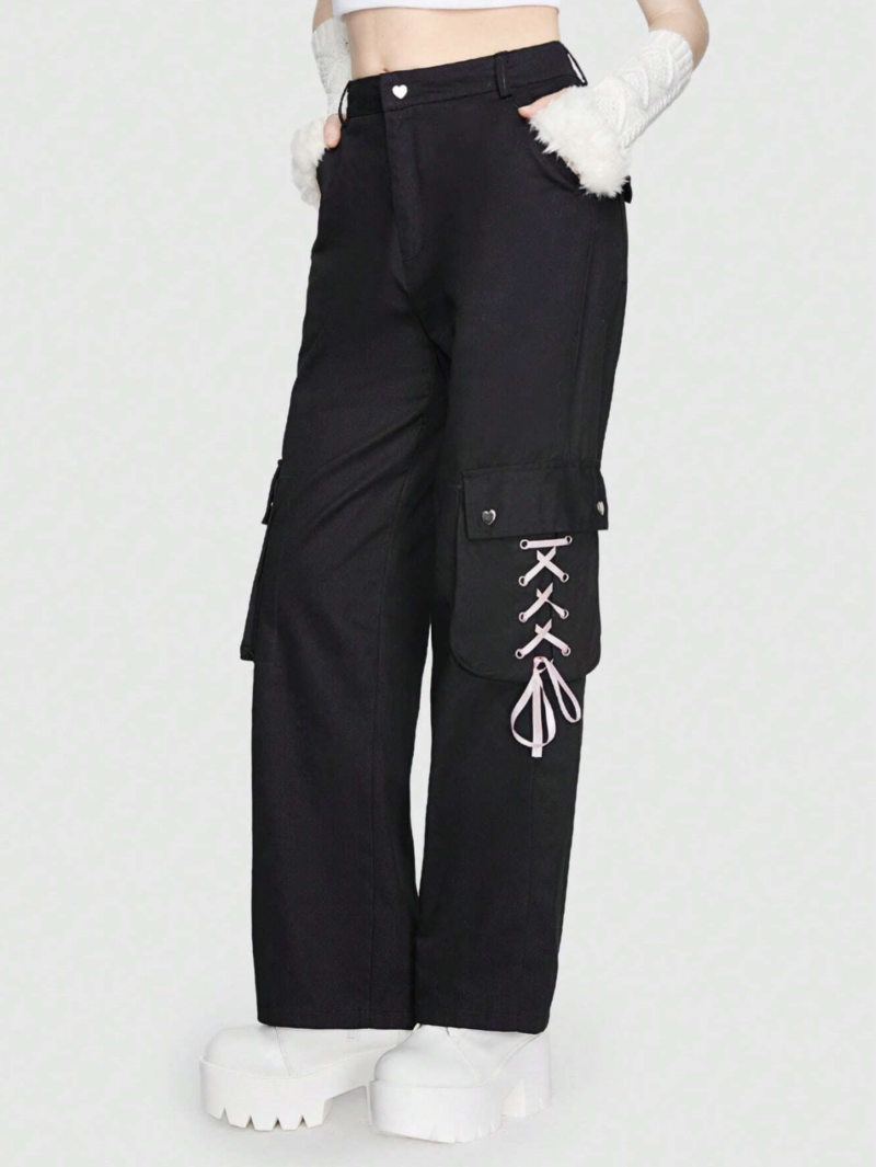 Black White Tie Pocket Oversized Cargo Pants - Image 3