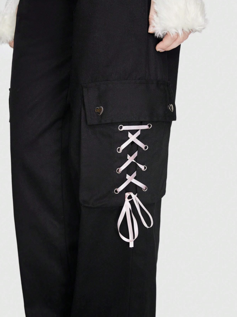 Black White Tie Pocket Oversized Cargo Pants - Image 4