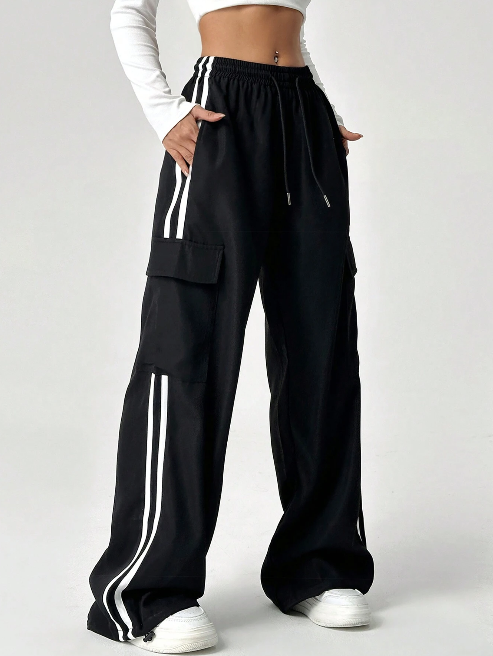 Kayla Black Side Stripe Oversized Cargo Pants