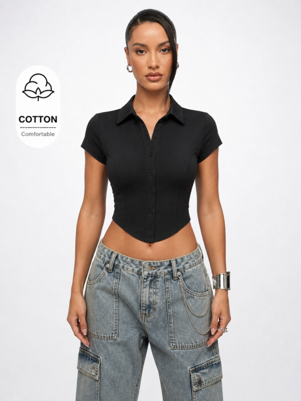 Princi Black Buttoned Crop Top in Black | White | Brown