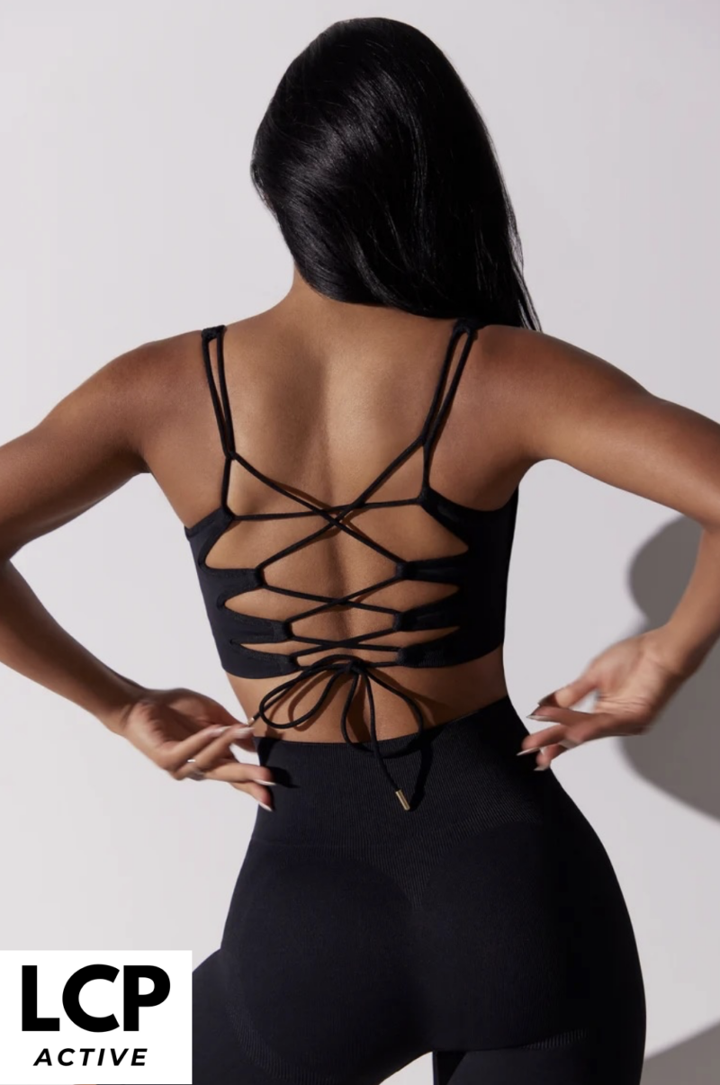 TIE BACK SQUARE NECK BACKLESS SPORTS BRA IN BLACK