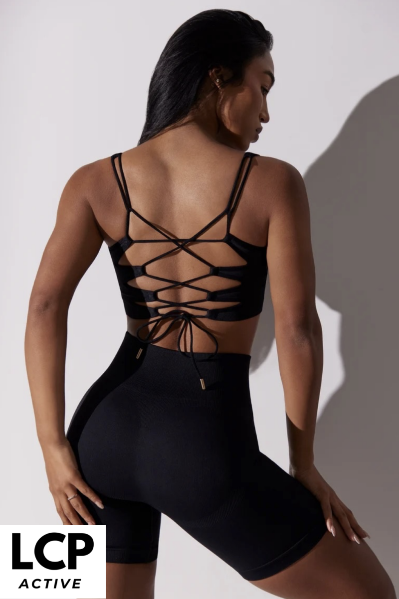 TIE BACK SQUARE NECK BACKLESS SPORTS BRA IN BLACK - Image 5