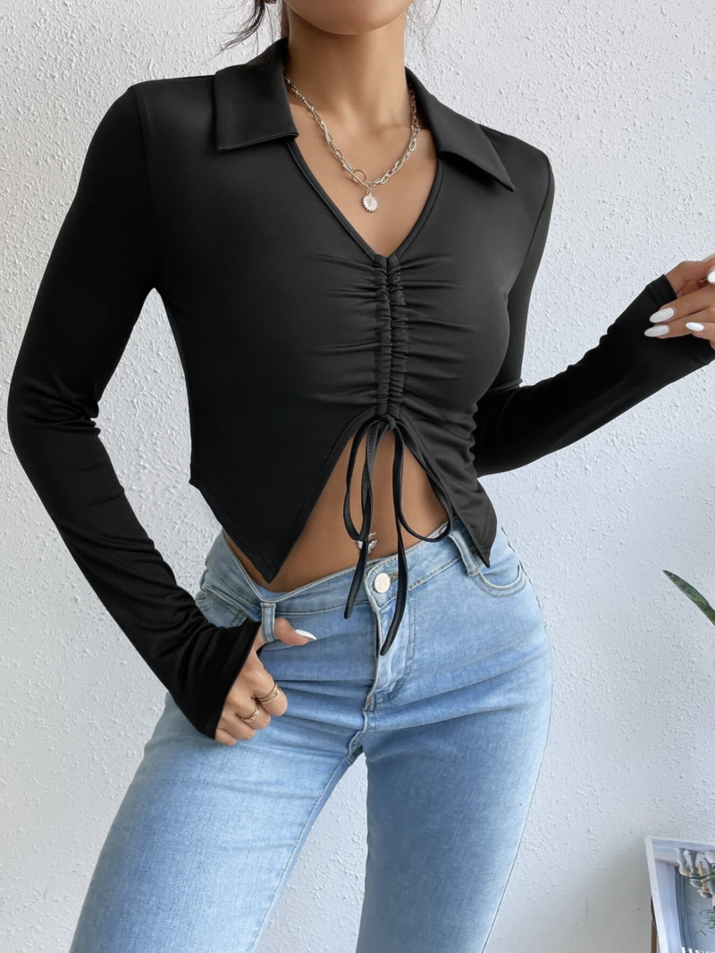 Jenny Black Neck Tie Full Sleeves Crop Top - Image 4