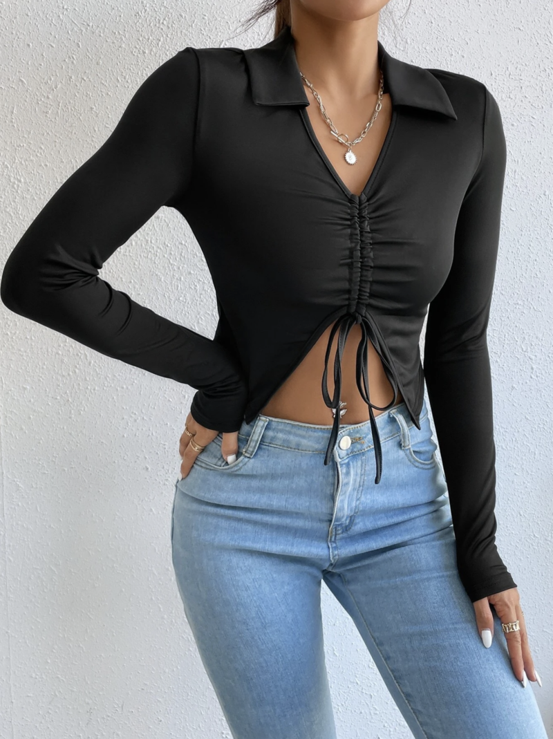 Jenny Black Neck Tie Full Sleeves Crop Top - Image 6