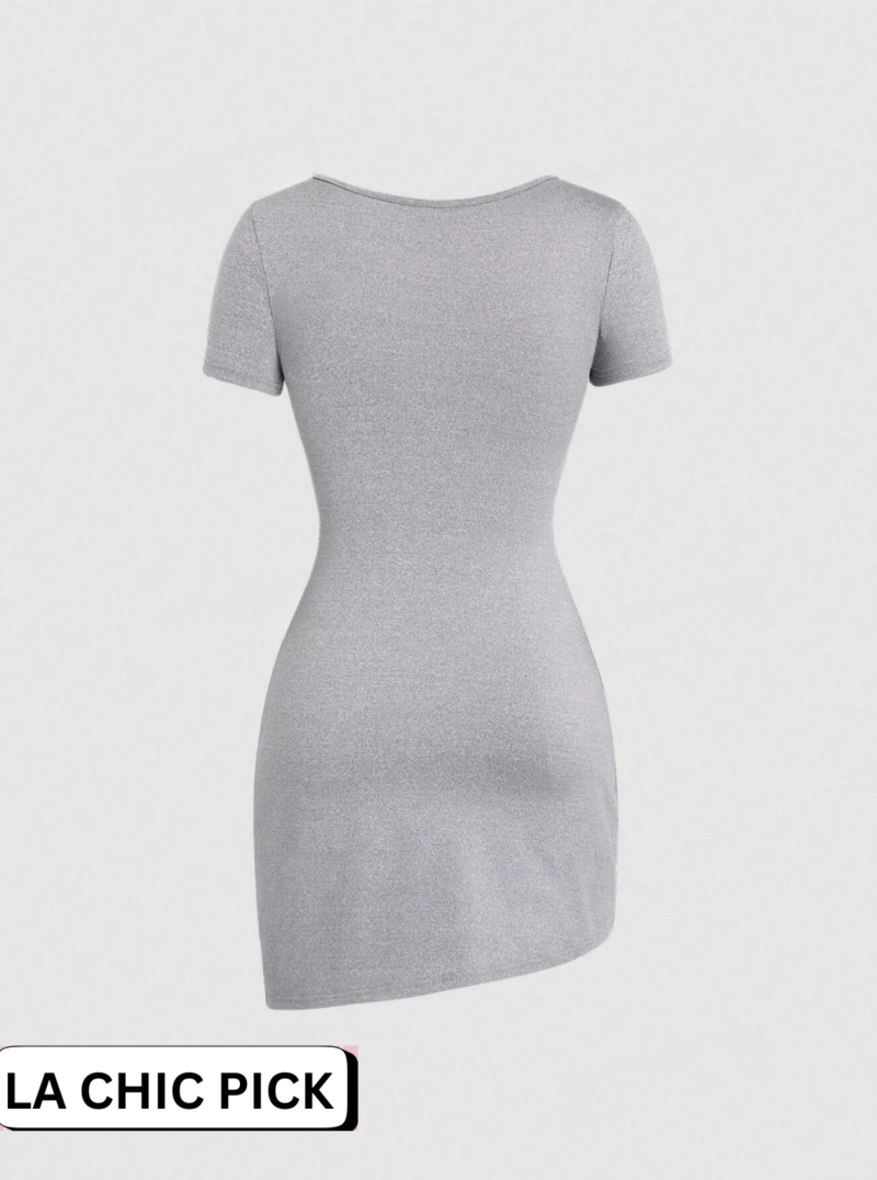 Saly Grey Square Neckline Pleated Split Summer Short Sleeve Dress - Image 3