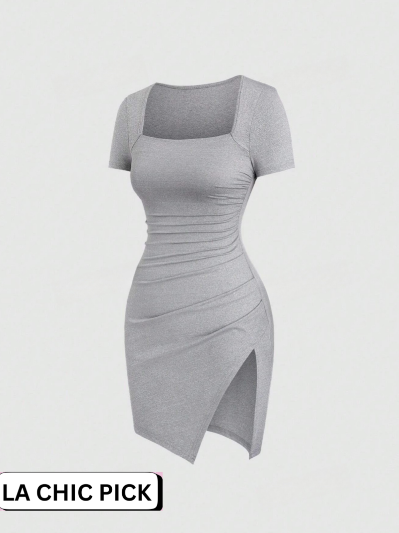 Saly Grey Square Neckline Pleated Split Summer Short Sleeve Dress - Image 2