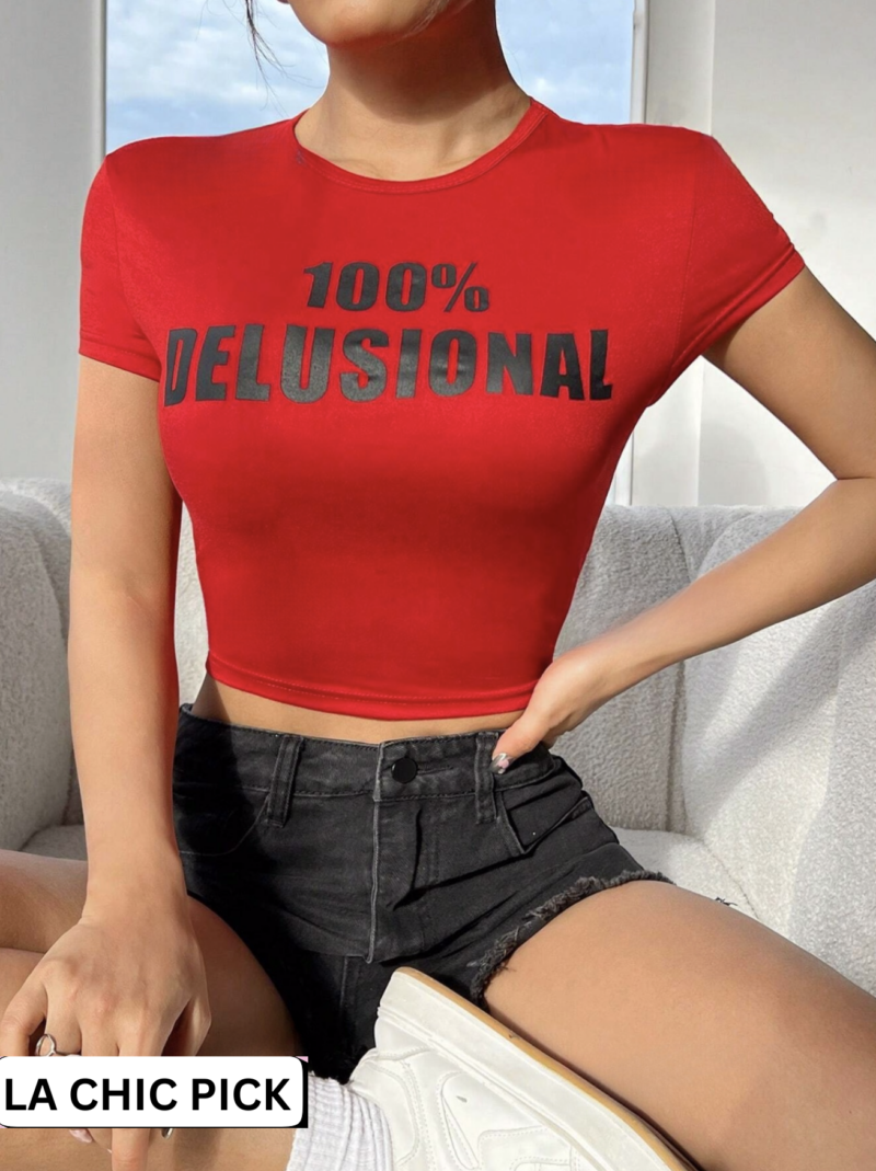 100% delulu red print baby tee XXS - Image 2