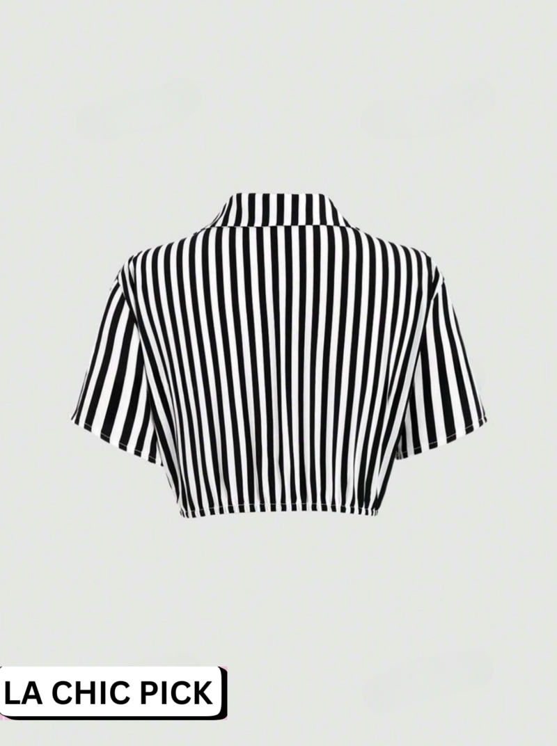 Celine Stripes Collared Crop Shirt Top - Image 2