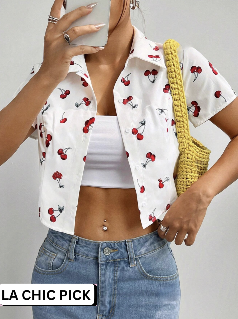 Ollie Cherry Print Crop Shirt Top - Image 4