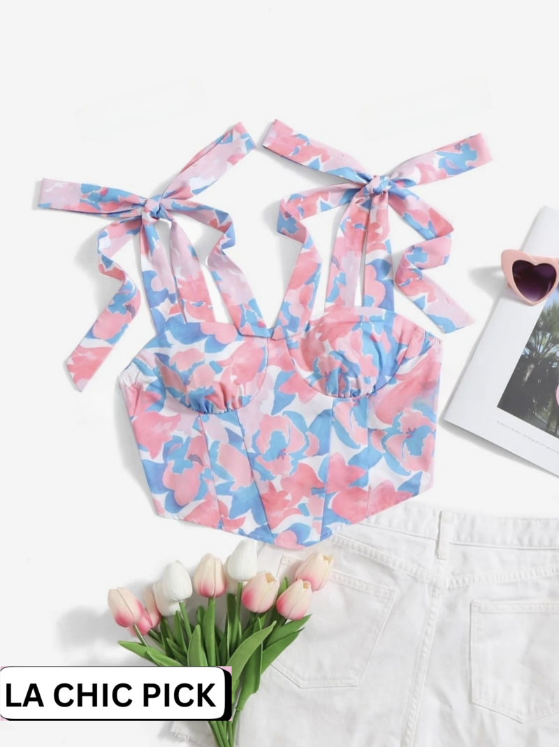 Maple Floral Print Knotted Shoulder Ruffle Hem Spring Floral Top - Image 3