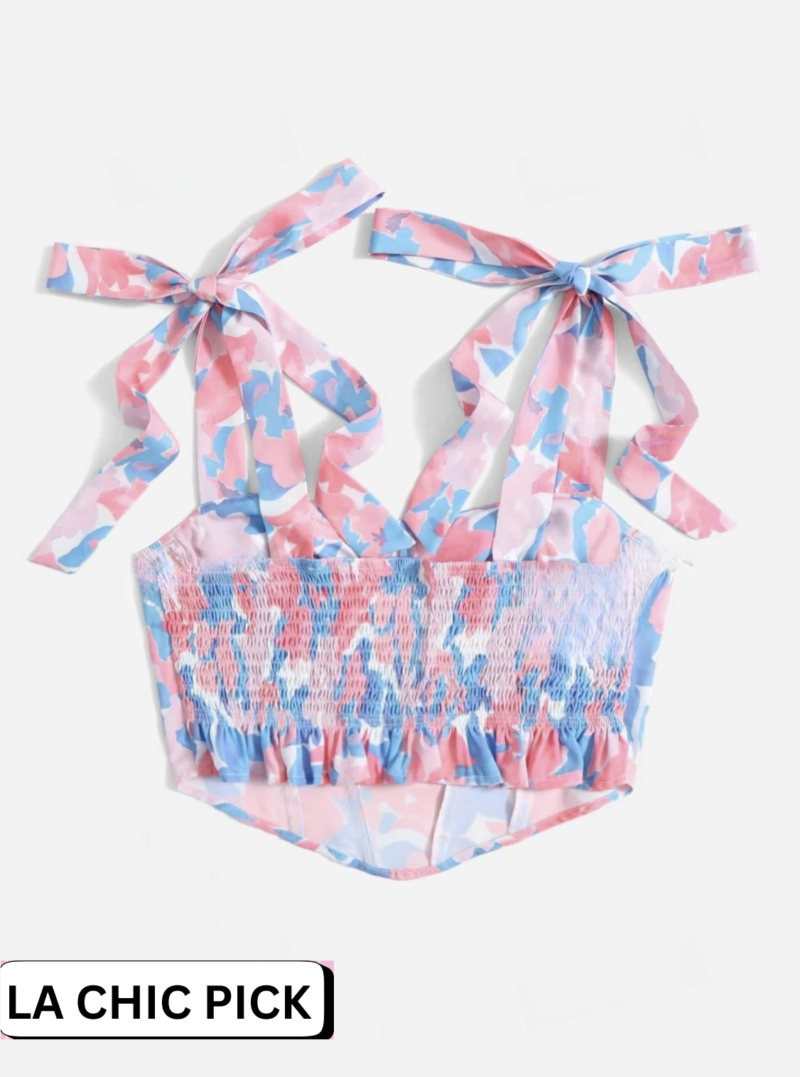 Maple Floral Print Knotted Shoulder Ruffle Hem Spring Floral Top - Image 2