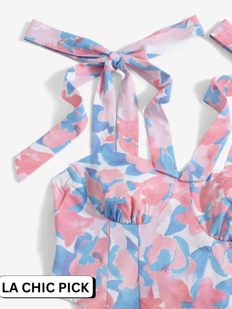 Maple Floral Print Knotted Shoulder Ruffle Hem Spring Floral Top - Image 4