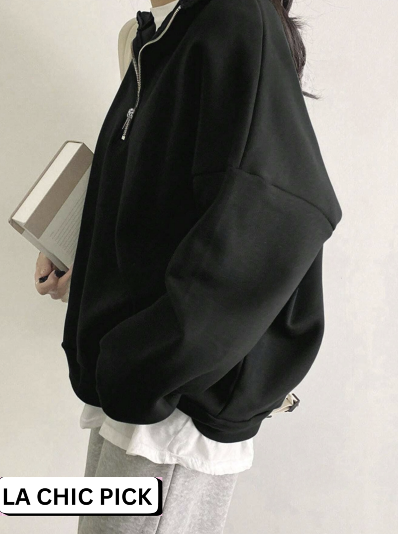 Nishi Black Zipper Oversized Fleece Sweatshirt - Image 3