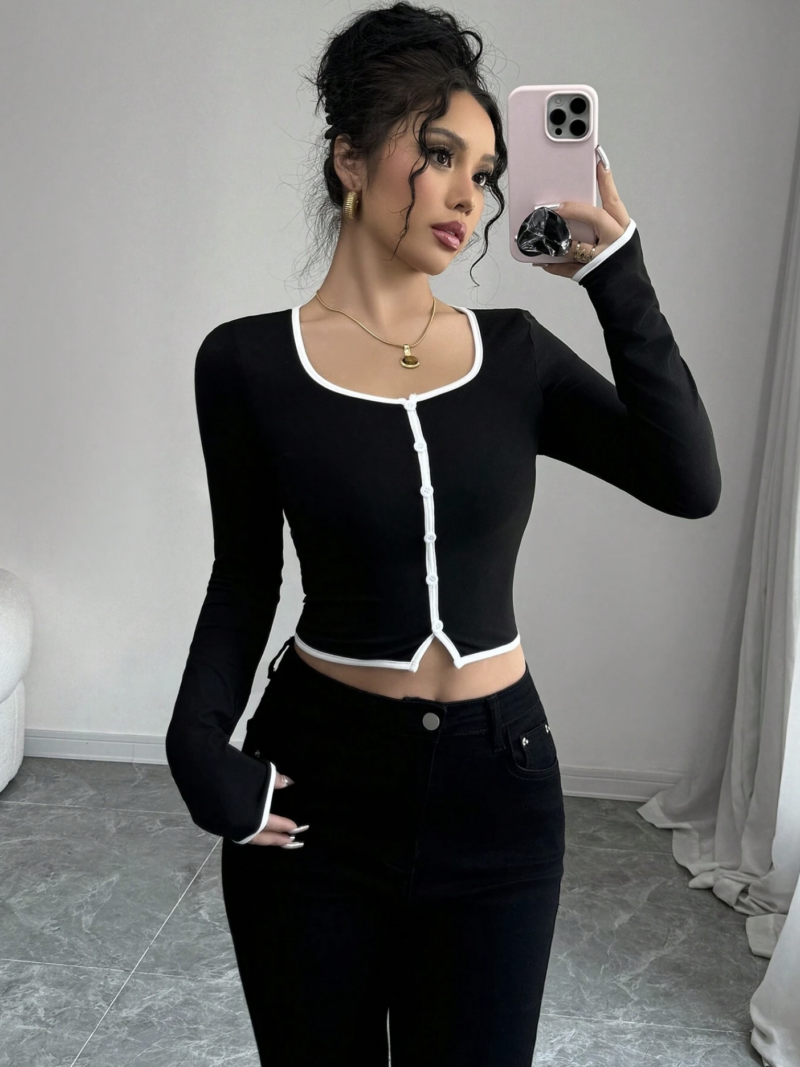 Tilana Contrast Binding Full Sleeves Crop Top